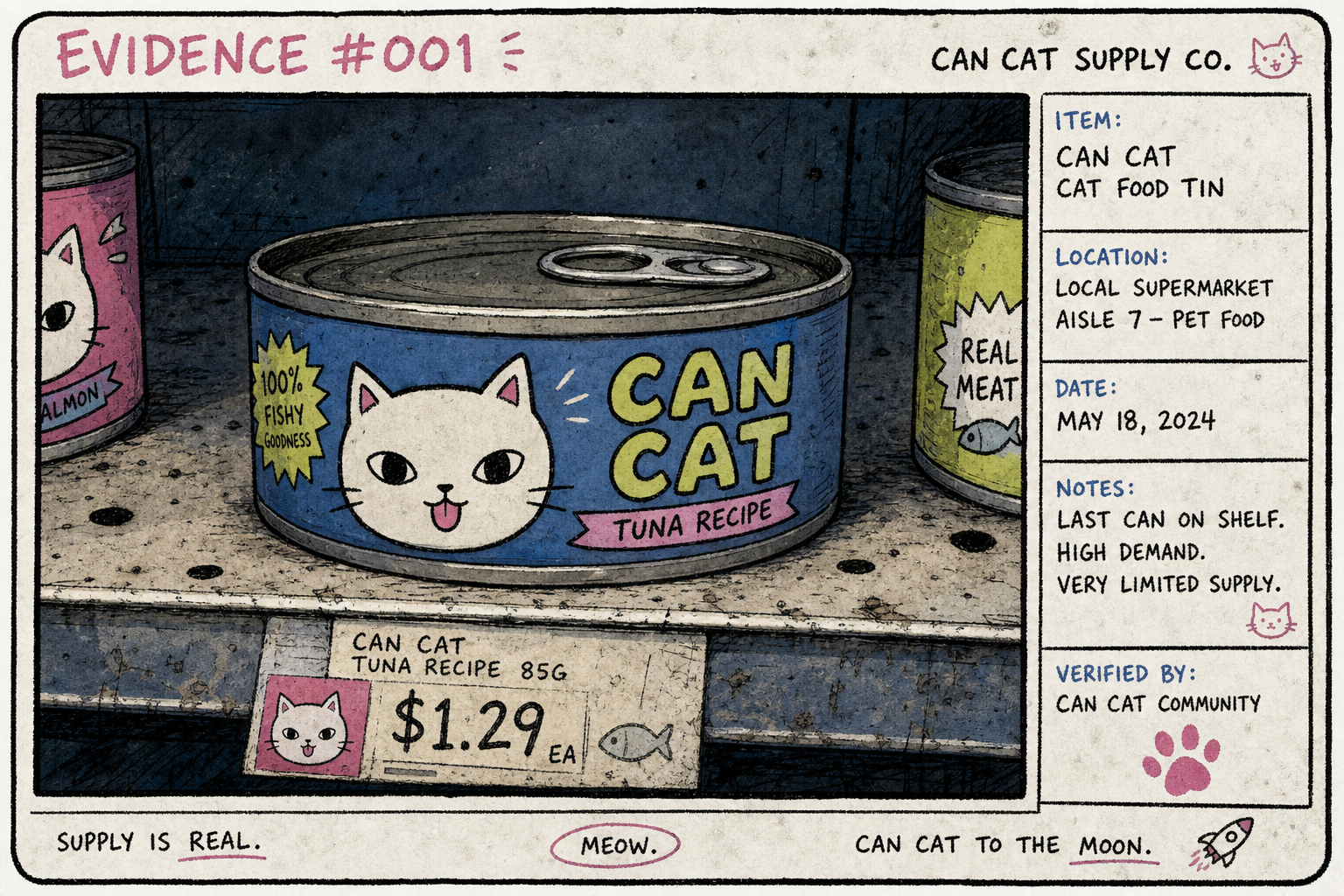 Close-up of the original CANCAT tin on the shelf